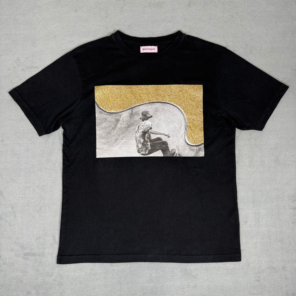 Palm Angels Gold Glitter Skater Photo Graphic T-Shirt Black S‎ Made in Portugal